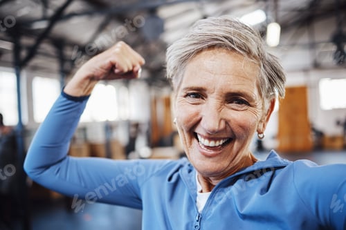 Preview: Senior woman, flexing and smile for selfie or profile picture in exercise, workout or muscle traini