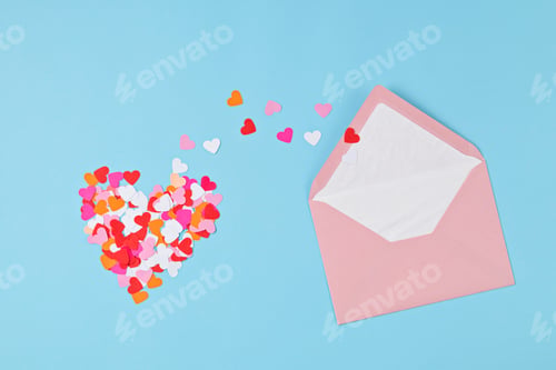 Preview: Hearts confetti and pink envelope. Love, valentine day, mothers day greeting card