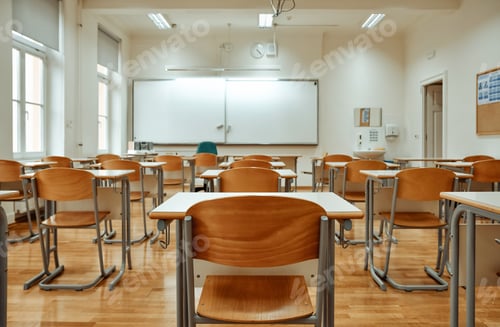 Preview: Close-up selective focus image of empty school classroom.