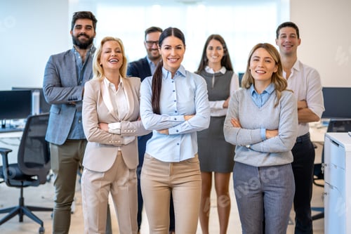 Preview: Business team arranged in triangular formation with women in front demonstrating confidence