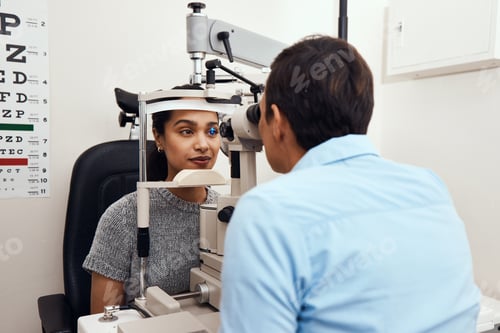 Preview: Shot of a young woman getting her eyes examined with a slit lamp by an optometrist