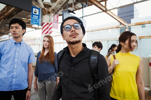 Preview: Small group of people standing on the platform of a subway station, Tokyo commuters.