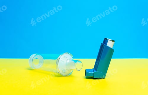 Preview: Asthma inhaler - a remedy for asthma and allergic diseases on a blue-yellow background