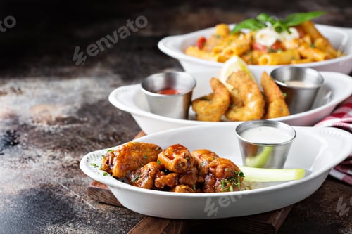 Preview: Variety of appetizers with fried shrimp and wings