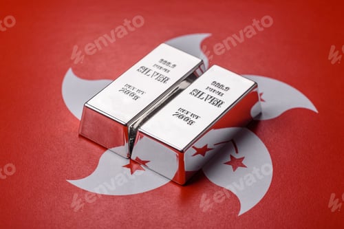 Preview: A silver bar, white metal against a backdrop of hong kong flag, as a concept. A silver bar