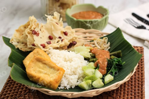 Preview: Nasi Pecel. Traditional Javanese Rice Dish of Steamed Rice with Vegetable Salad