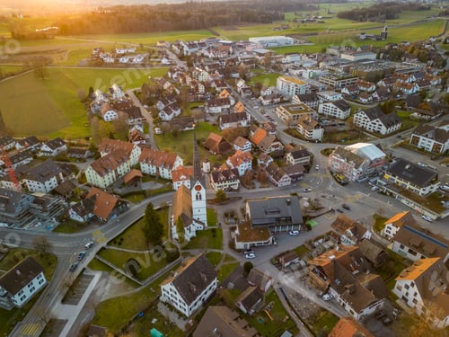 Preview: Aerial panorama view to lake Zug and Swiss Alps with Mettmenstetten, Switzerland