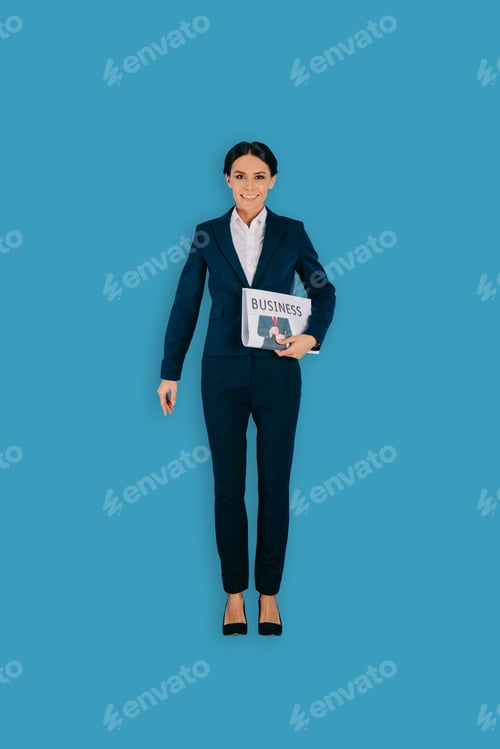 Preview: top view of businesswoman with newspaper isolated on blue background