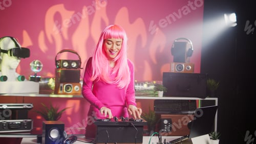Preview: Smiling dj playing electronic sound using mixer console