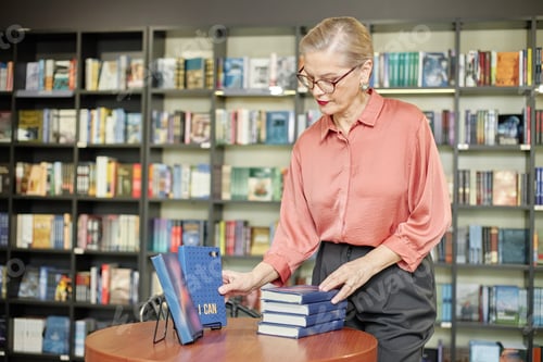 Preview: Senior Caucasian Woman Organizing Hardcover Books on Table in Library Setting