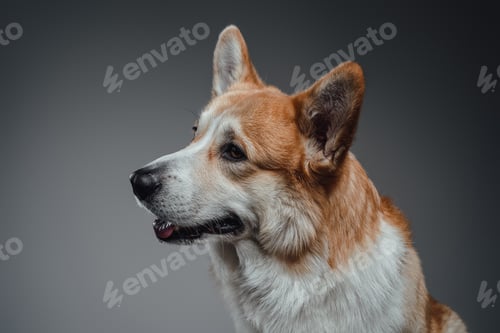 Preview: Welsh corgi dog portrait with tongue out, tilting the head side.