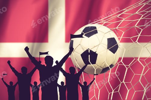 Preview: Silhouettes Of Soccer Fans With Flag Of Denmark .Cheer Concept Vintage Color