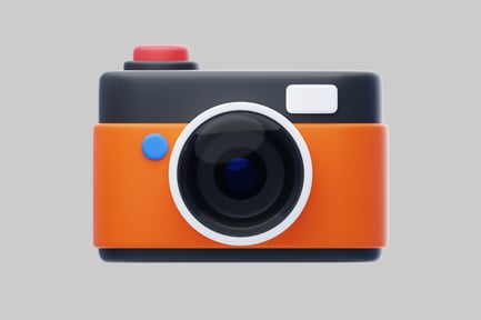Preview: Compact orange camera with black lens and flash.
