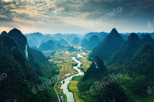 Preview: Phong Nam Valley with rice field and river flows through traditional village in countryside