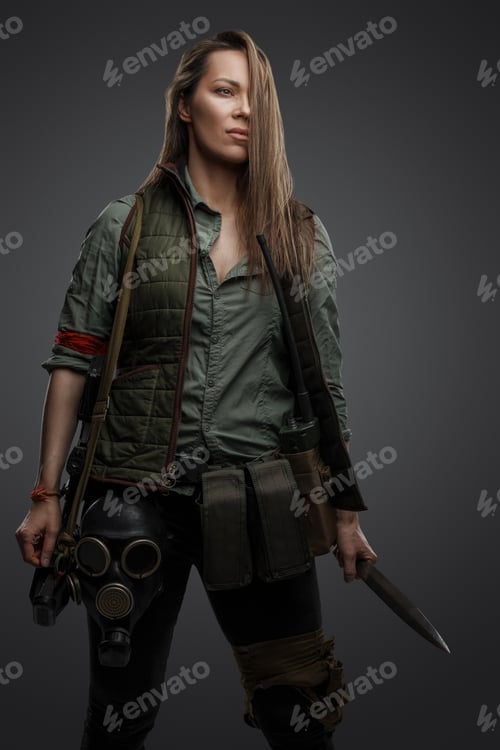 Preview: Murderer woman dressed in military uniform staring at camera