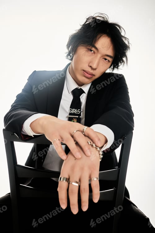 Preview: Stylish young asian man showcasing modern fashion with edgy accessories in a studio setting