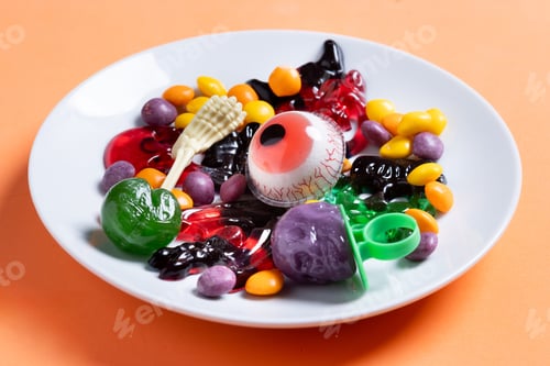 Preview: Assortment of Halloween candies on orange background