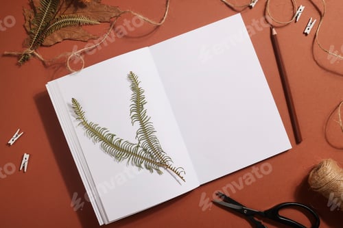 Preview: Dried pressed leaf on paper from notebook with pencil , scissors and twine on brown background.