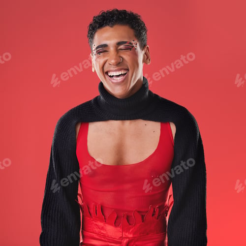 Preview: LGBTQ, fashion portrait and black man isolated on red background for creative cosmetics, makeup and