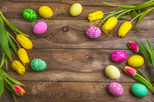 Preview: Easter rustic background with pink, yellow and green painted egg