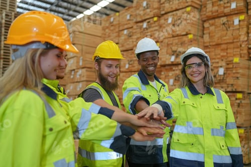 Preview: Hands, teamwork in factory for motivation, inspiration and diversity in at work.