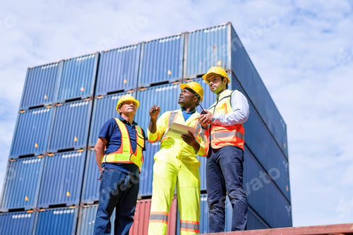 Preview: 3 engineer working in container storage yard use digital tablet check quantity prepare to delivery