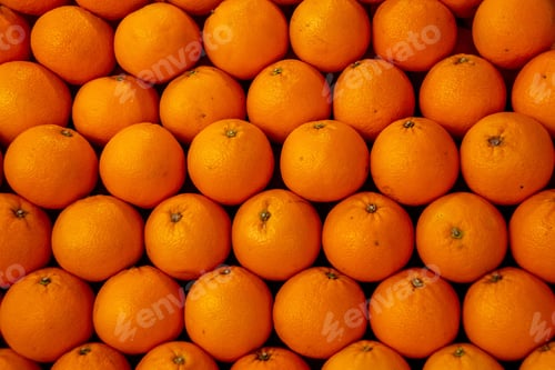 Preview: Top view of several ripe oranges arranged in neat rows.