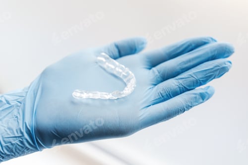 Preview: Dentist doctor in latex gloves holding orthodontic aligners, selective focus on hand