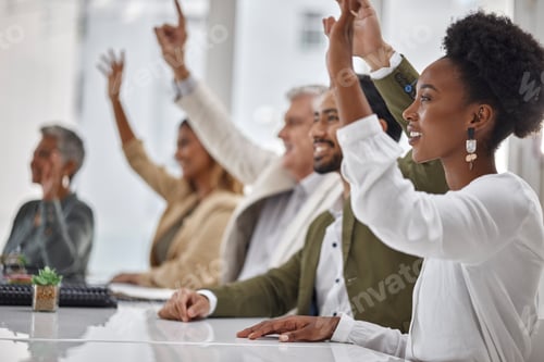 Preview: Meeting, workshop and questions with business people hands raised in the boardroom during a strateg