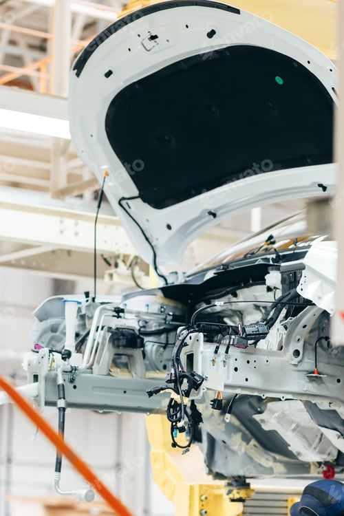 Preview: white car body is shown on an assembly line with its hood open