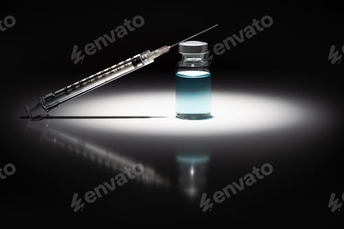 Preview: Syringe Needle and Medicine Vial With Light Blue Chemical Spot Lit on Reflective Background