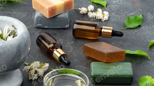 Preview: Natural skin care products on a black surface with herbal elements and soaps arranged