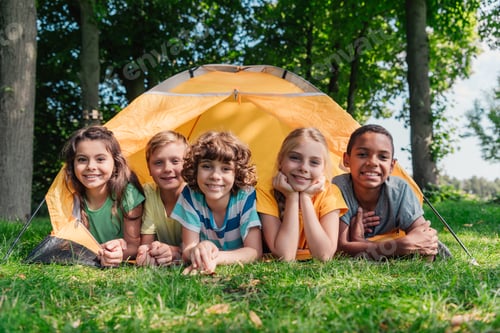 Preview: cheerful multicultural kids smiling while lying near camp