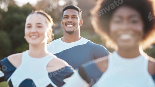 Preview: Cheerleader team, happiness and field people ready for sports competition support, dance or outdoor