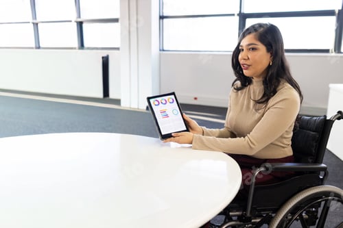 Preview: Mid-adult Hispanic woman holding tablet, presenting data in wheelchair at meeting table, copy space
