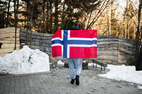 Preview: Back of man holding Norway flag. Scandinavian culture, norwegian people.