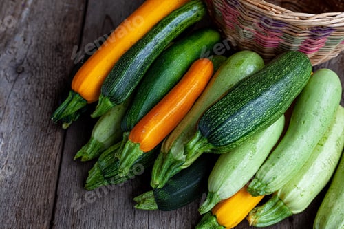 Preview: Multi-colored zucchini on the table. Vegetables harvest. Yellow and green zucchini