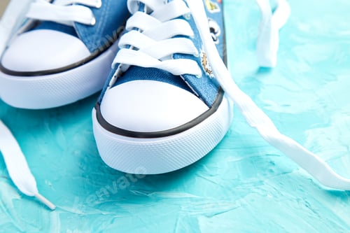 Preview: Blue Denim Sneakers with White Laces Close Up