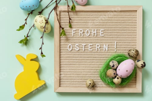 Preview: Happy Easter in german greeting, Easter eggs and green branches.