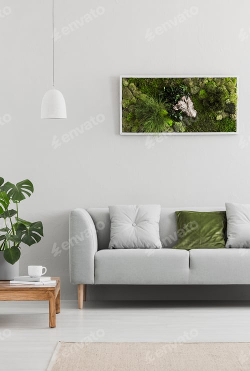 Vista previa: Framed, green moss garden on a white wall in a trendy living roo
