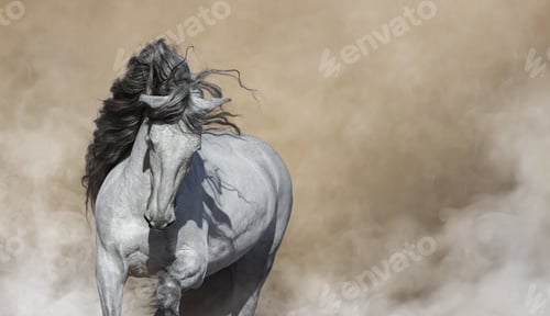 Preview: White Purebred Andalusian horse in light smoke.