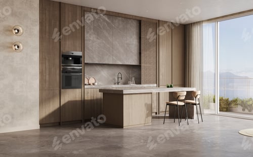 Preview: Cozy home kitchen interior with cooking cabinet, bar island kitchenware and sofa, 3d render
