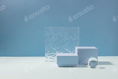 Preview: Abstract creative geometric podium from various materials, blue background hard shadows. Minimalism
