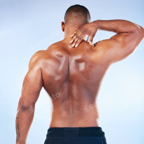 Preview: Black man, neck pain and injury with exercise and health, medical problem and aching body with back
