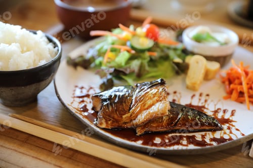 Preview: Saba Fish Teriyaki With Rice Soup And Salad On Wood Background , Japanese Food