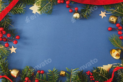 Preview: Stylish Christmas frame flat lay. Green fir branches, red berries, ribbon and gold ornaments