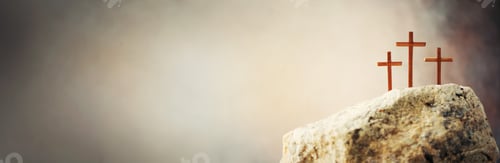 Preview: Silhouette of three crosses on Calvary hill, grey background. Crucifixion, resurrection of Jesus