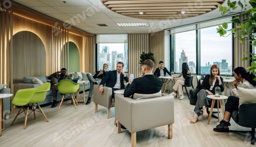 Preview: Diverse businesspeople collaborate at cozy conference, exchanging ideas and partnerships for growth