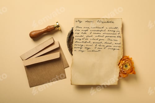 Preview: Vintage letter with text, envelopes, rose and stamp on beige background, top view