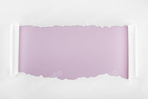 Preview: ragged textured white paper with curl edges on light purple background